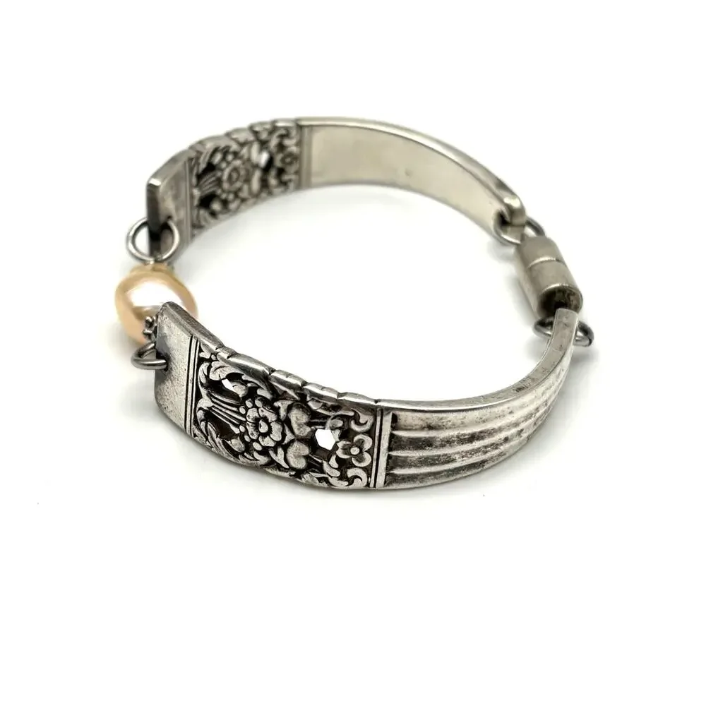 1950s Coronation Silver-plated Floral Spoon Bracelet w/ Freshwater Pearl 6.75